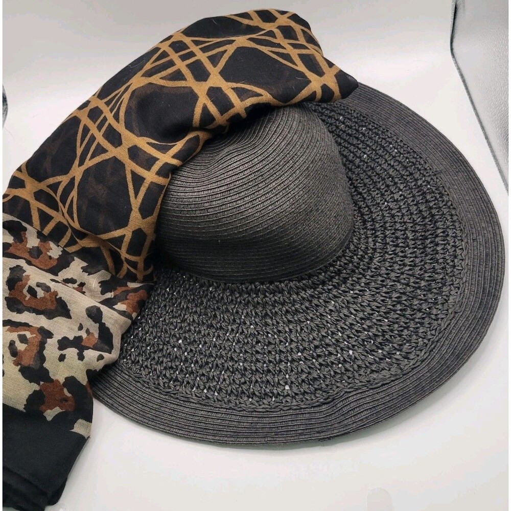J Crew Womens One Size Paper Straw Sun Hat Black Wide Brim & Beach Wrap 67"×41"